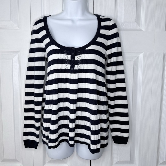 Aéropostale Sweaters - Aeropostale‎ Striped Babydoll Sweater Small Blue White Henley Scoop Neck Y2K